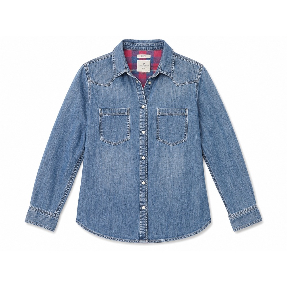 American Eagle Flannel Lined Denim Shirt Slim Fit Y2K Western Light Wash Medium